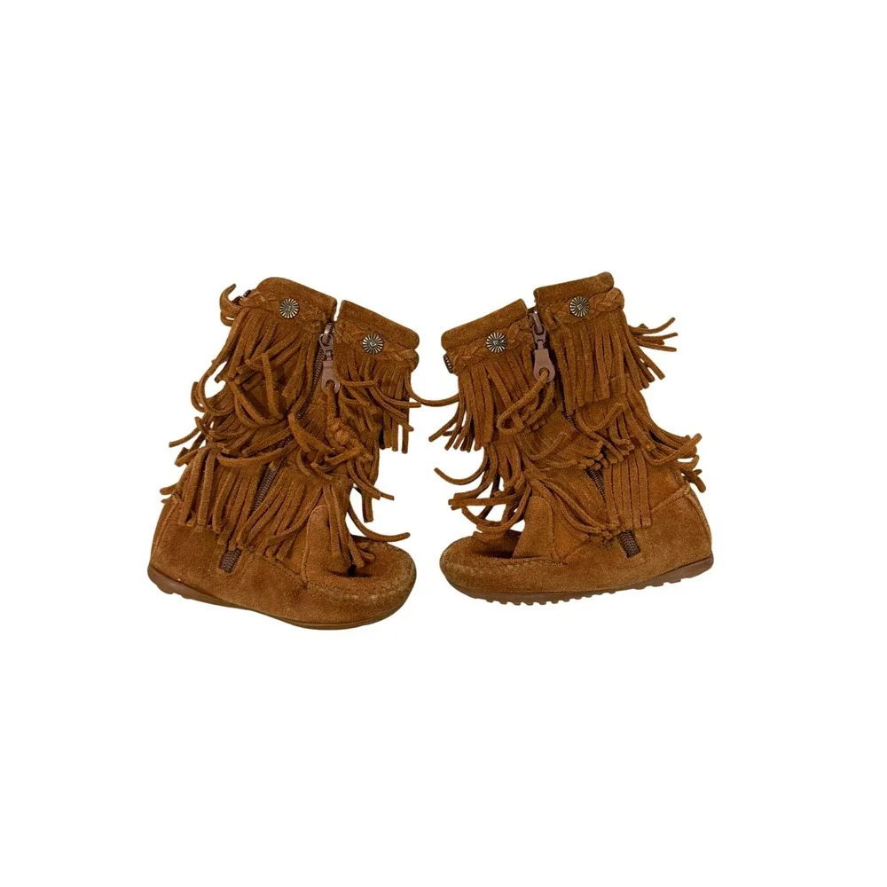 Minnetonka Toddler 3 Layer Fringe Boots Brown Suede Moccasin Zipper Size 7 2652